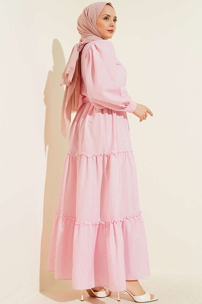 Pink White Stripped Flared Dress