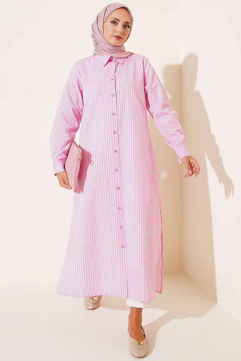 Pink Basic Long  Striped Shirt