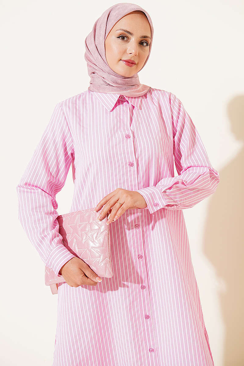 Pink Basic Long  Striped Shirt