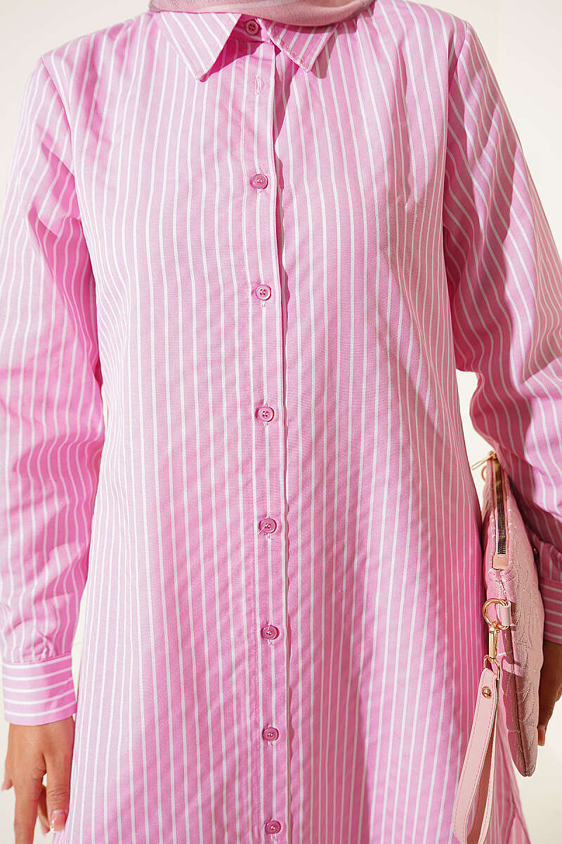 Pink Basic Long  Striped Shirt