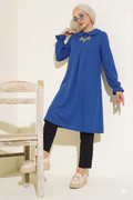 Blue Elegant Plus Size Log Tunic with Ruffle Cuff Long Sleeve