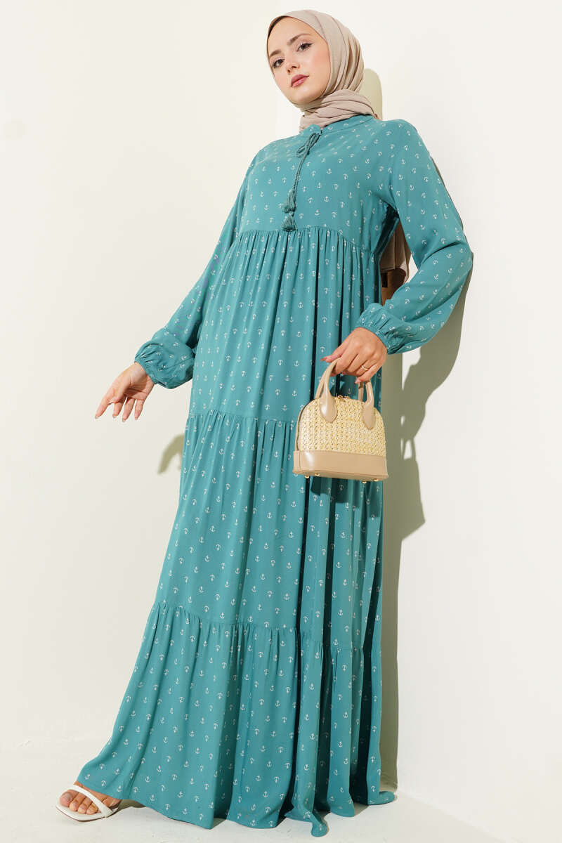 Petrol Collar Drawstring Anchor Patterned Dress