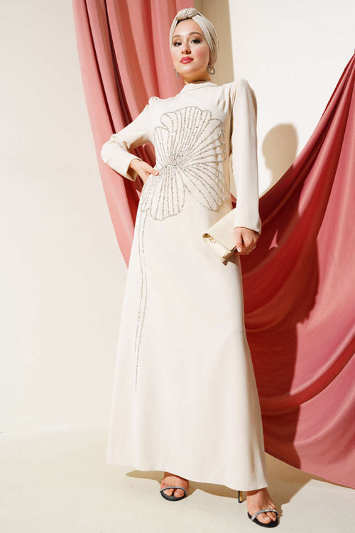Beige Dress with Floral Embellishments