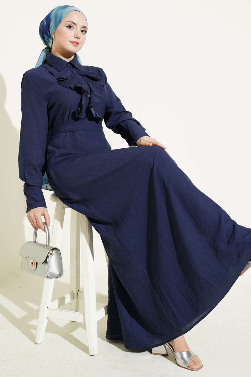 Elegant Navy Blue Half-Buttoned Dress with Ruffles