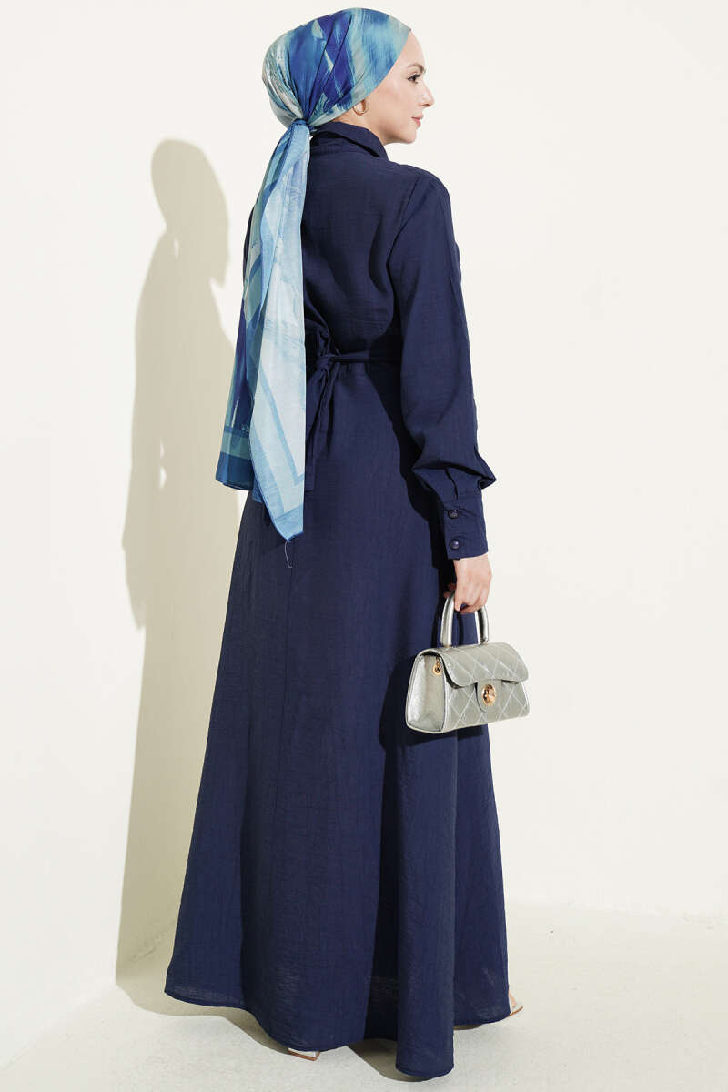 Elegant Navy Blue Half-Buttoned Dress with Ruffles