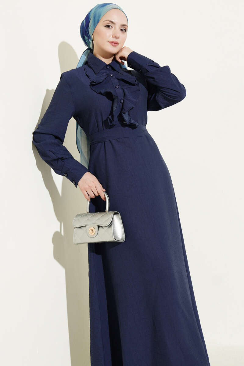 Elegant Navy Blue Half-Buttoned Dress with Ruffles