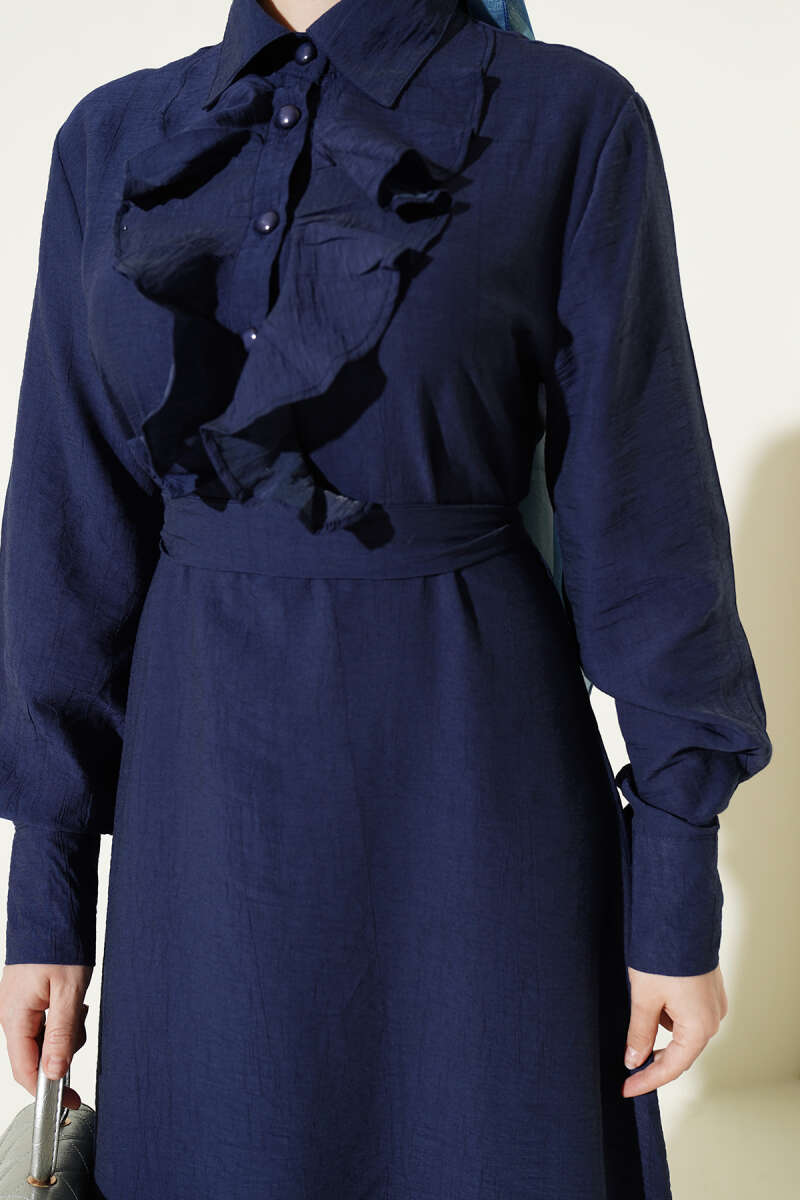 Elegant Navy Blue Half-Buttoned Dress with Ruffles