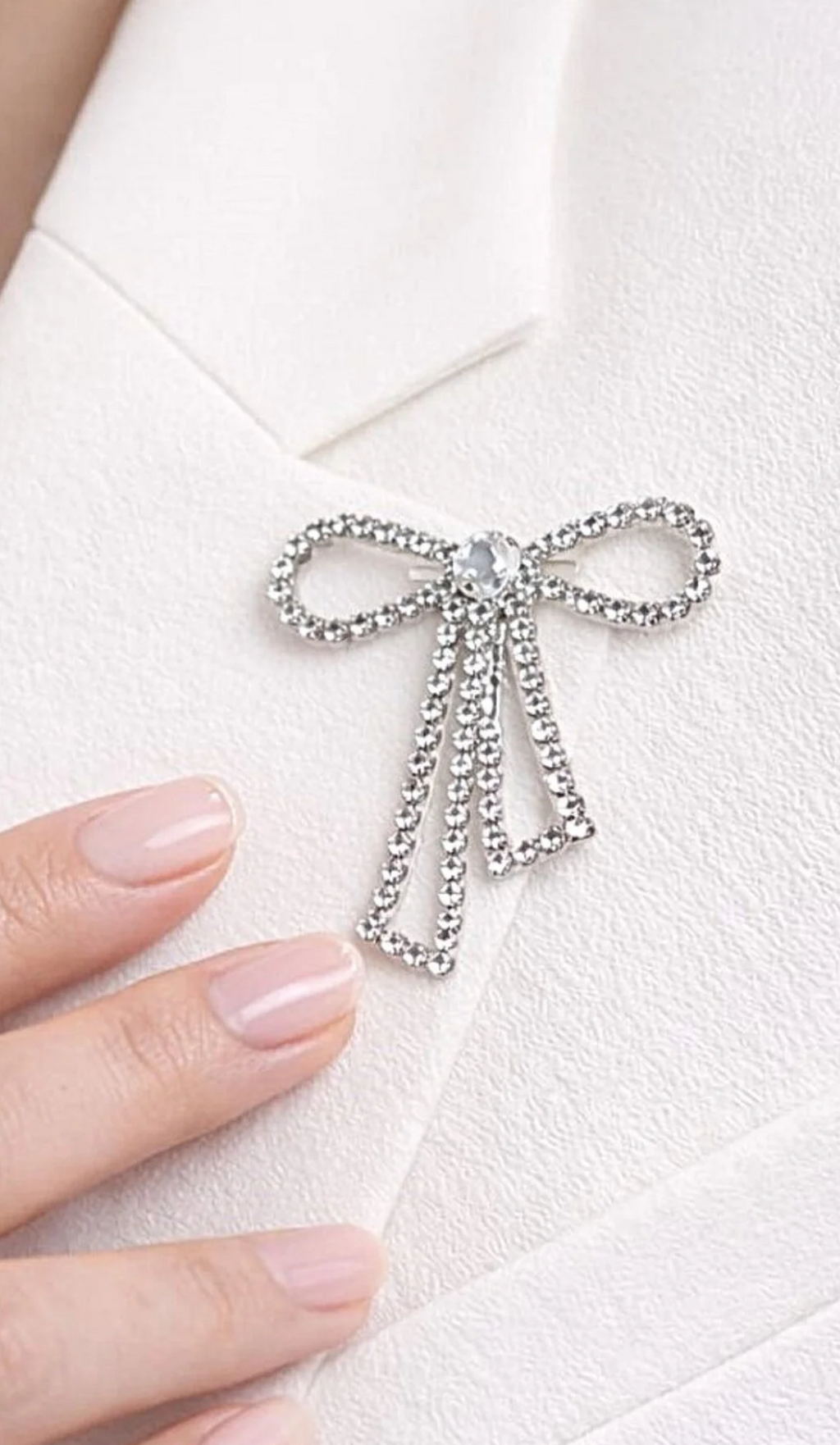 Silver Dangling Bow Ribbon Brooch with Zircon Stones