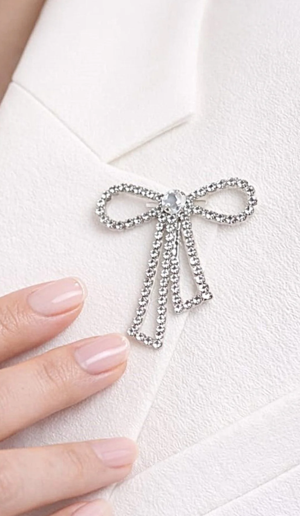 Silver Dangling Bow Ribbon Brooch with Zircon Stones
