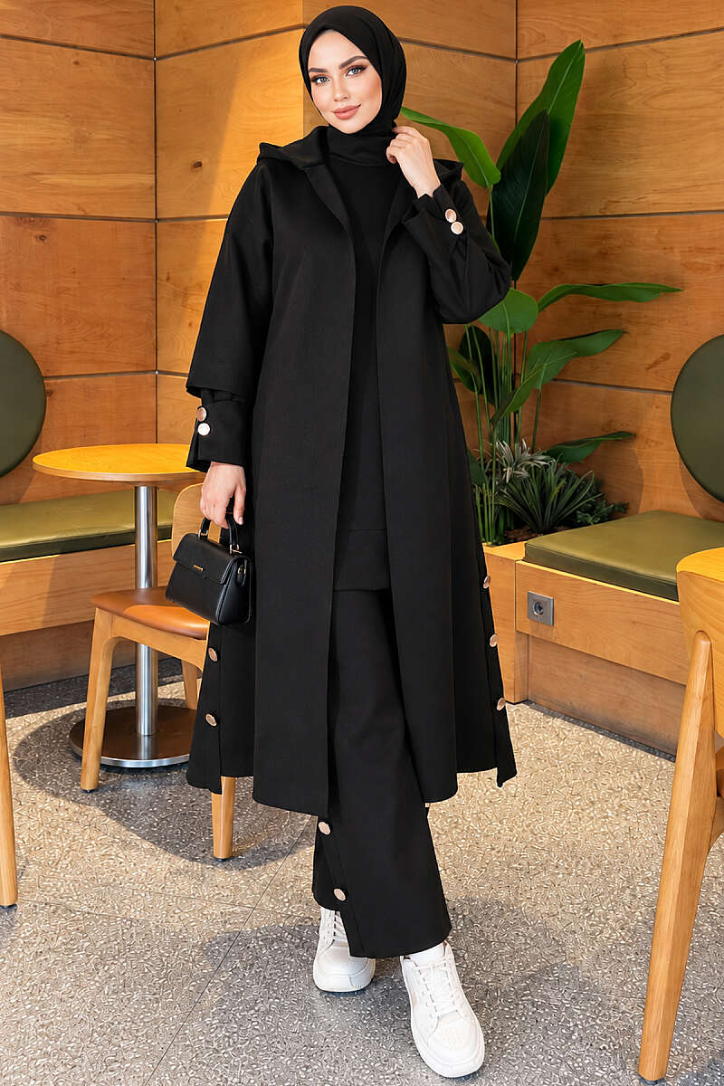 Black Scuba Three-Piece Set with Long Cardigan