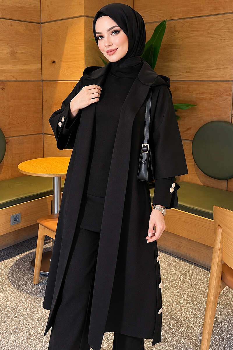 Black Scuba Three-Piece Set with Long Cardigan