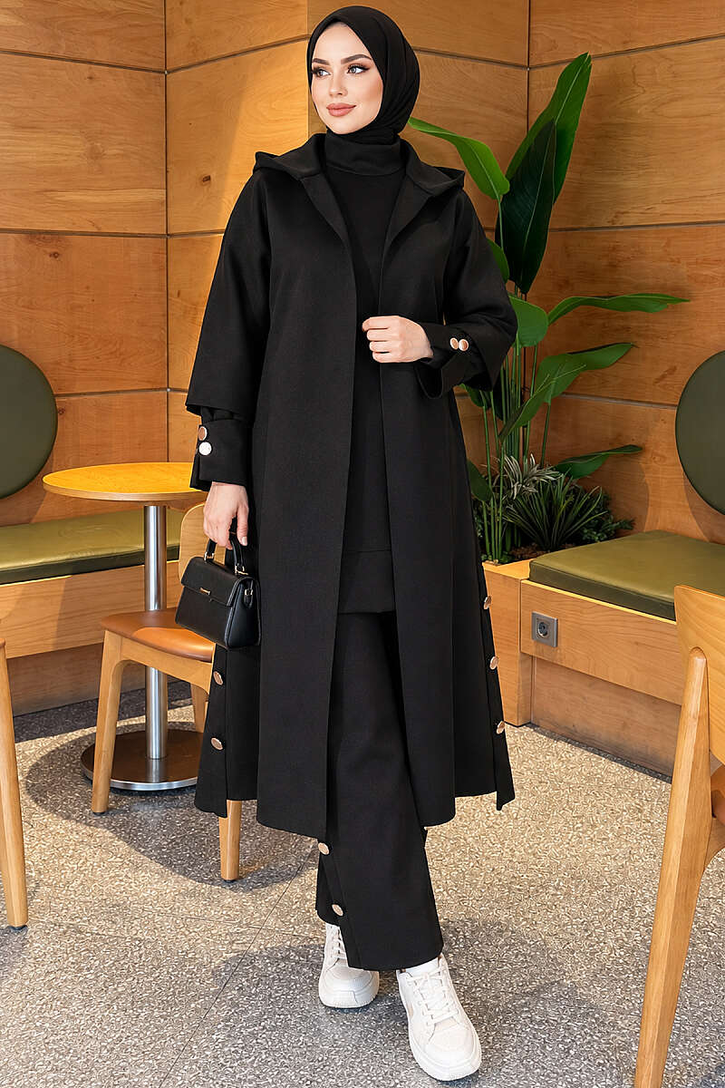 Black Scuba Three-Piece Set with Long Cardigan