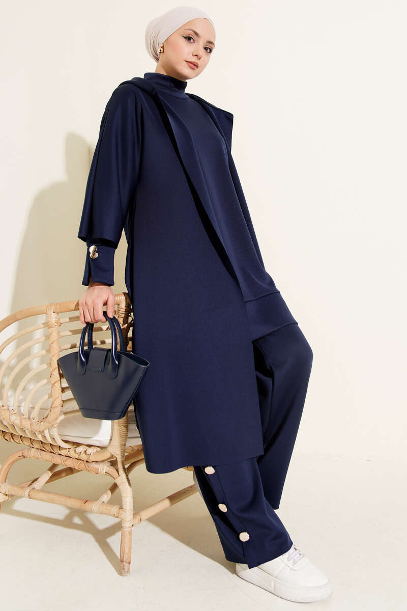 Navy-Blue Scuba Three-Piece Set with Long Cardigan