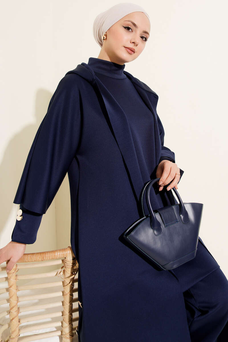 Navy-Blue Scuba Three-Piece Set with Long Cardigan