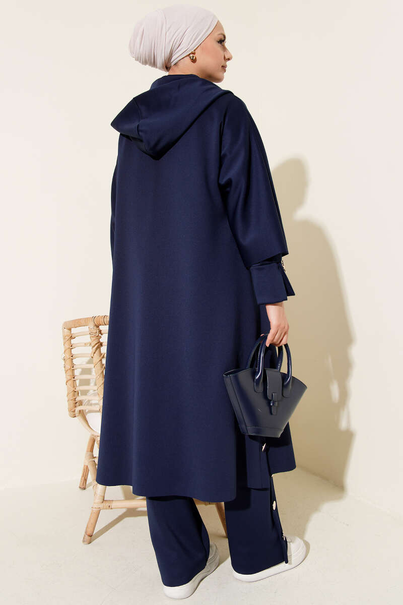 Navy-Blue Scuba Three-Piece Set with Long Cardigan