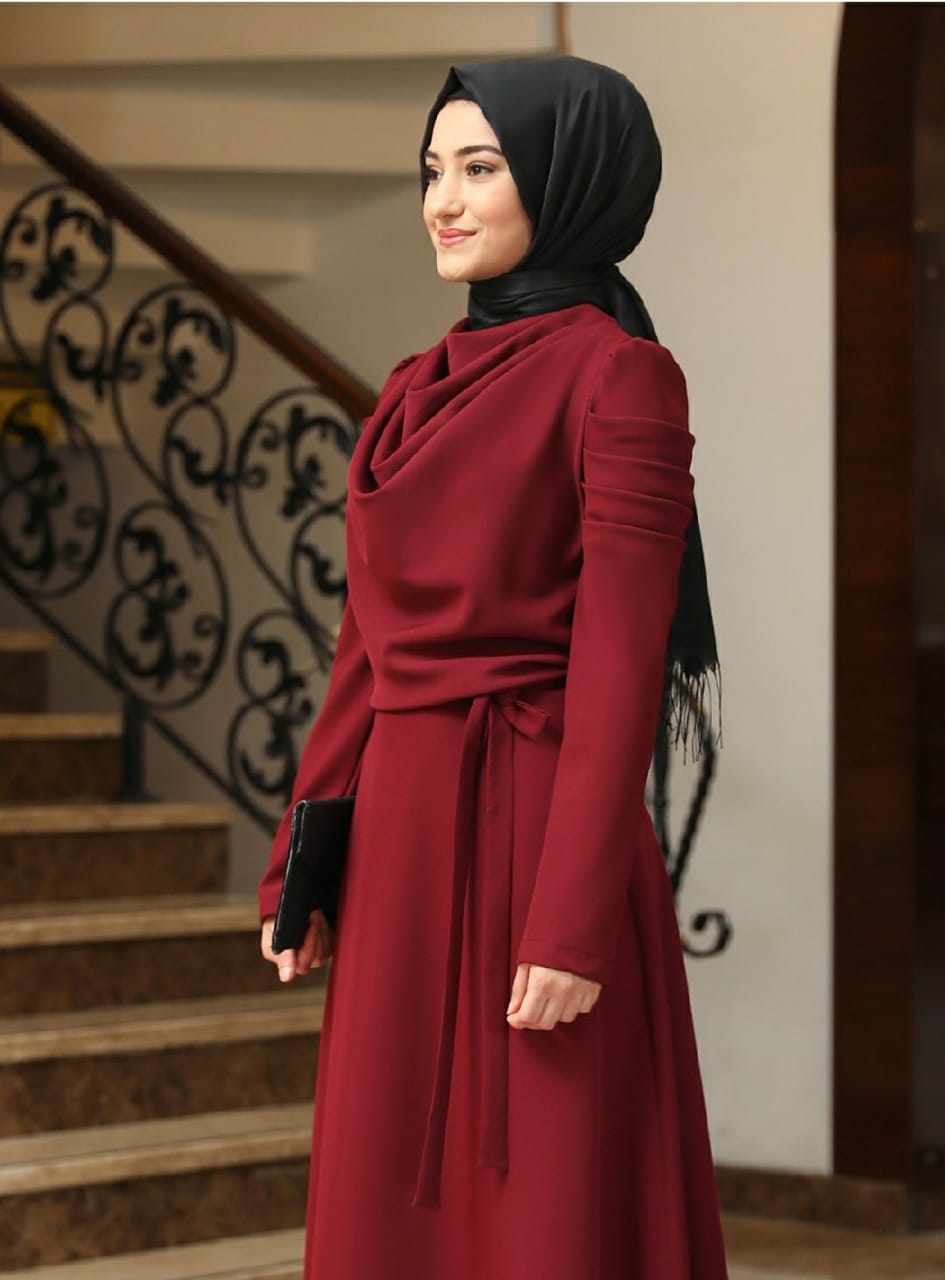 Bordo Draped Detail Dress with Belt