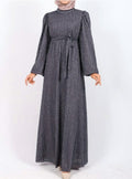 Gray Dress with Elasticated Sleeves, Glitter Stripes, and Belt