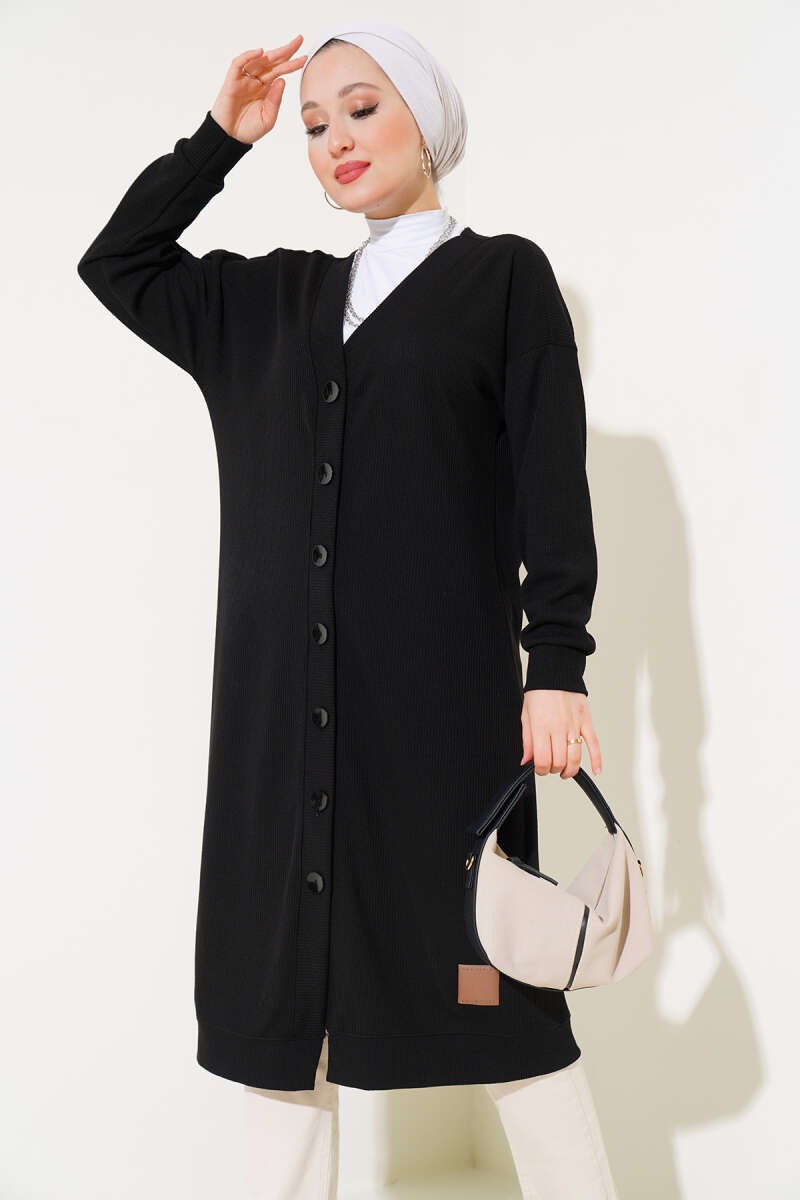 Buttoned Ribbed Long Cardigan