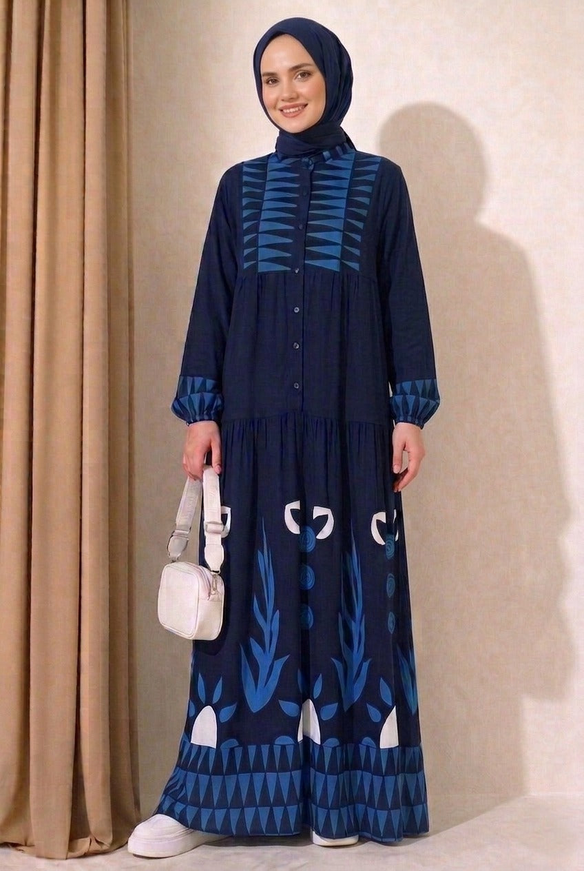 Wide Fit navy blue patterned Abaya