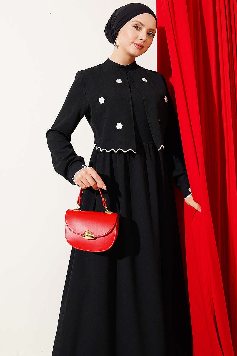 Elegant Black Dress with Floral Embroidered Bolero