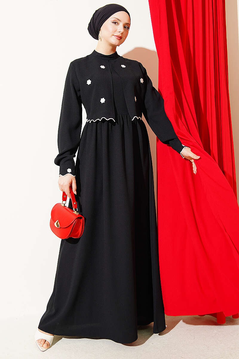 Elegant Black Dress with Floral Embroidered Bolero