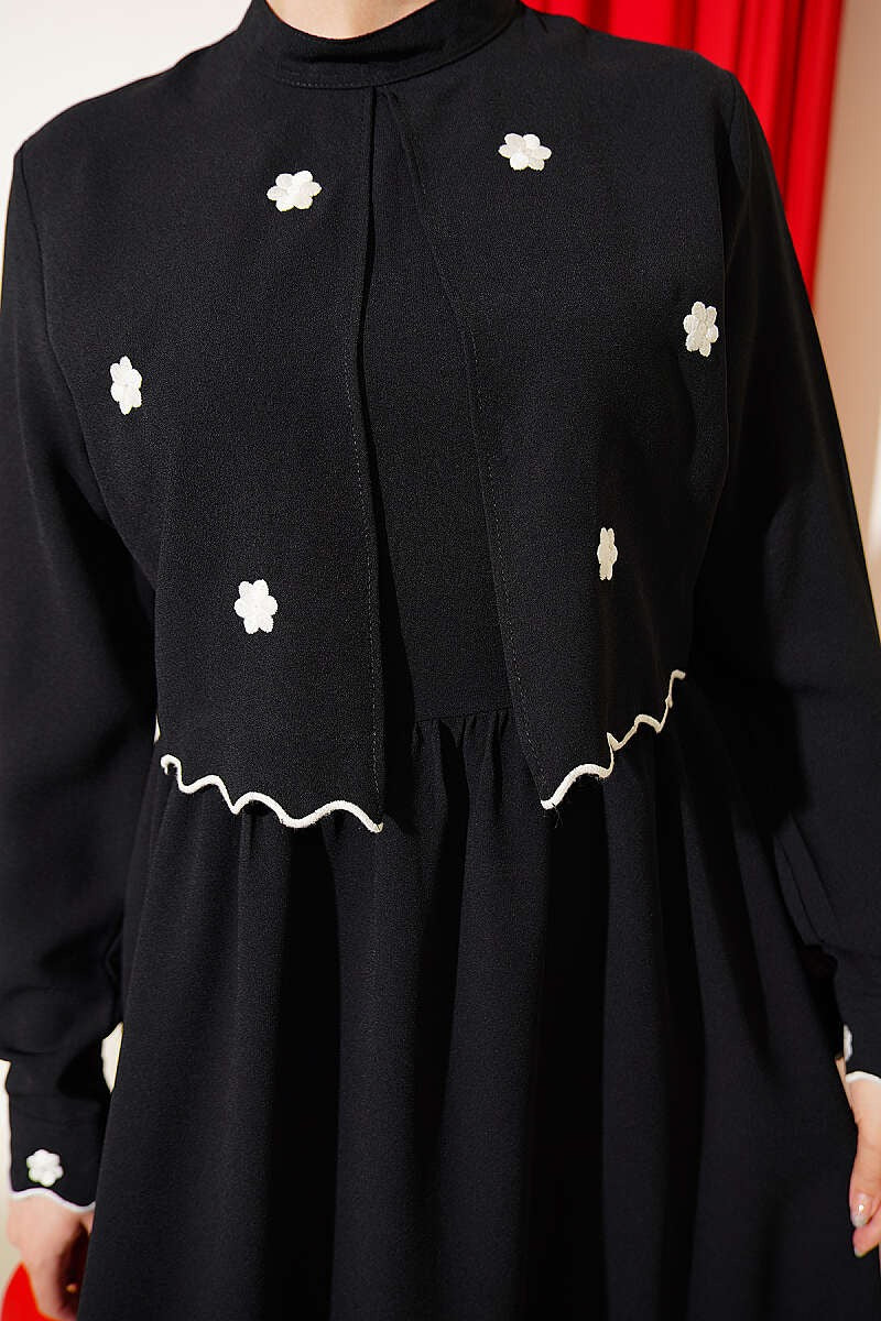 Elegant Black Dress with Floral Embroidered Bolero