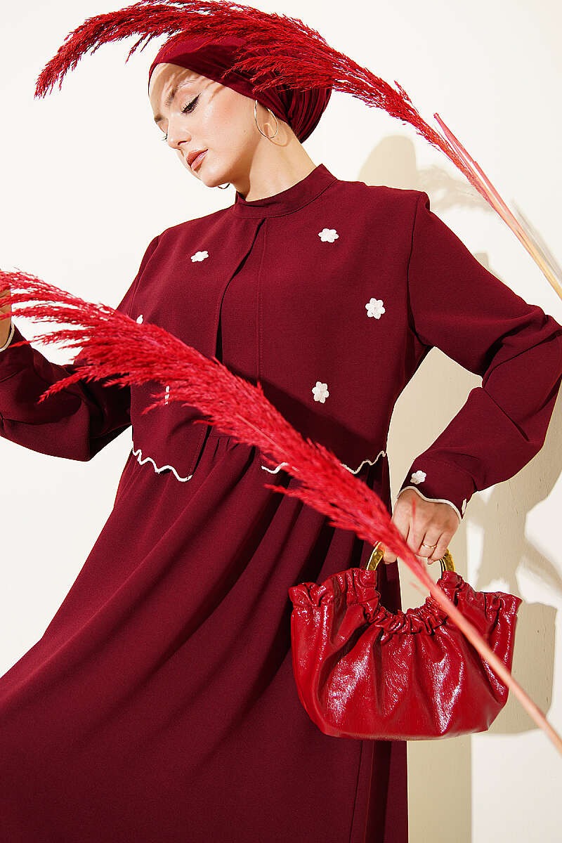 Elegant Bordo Dress with Floral Embroidered Bolero