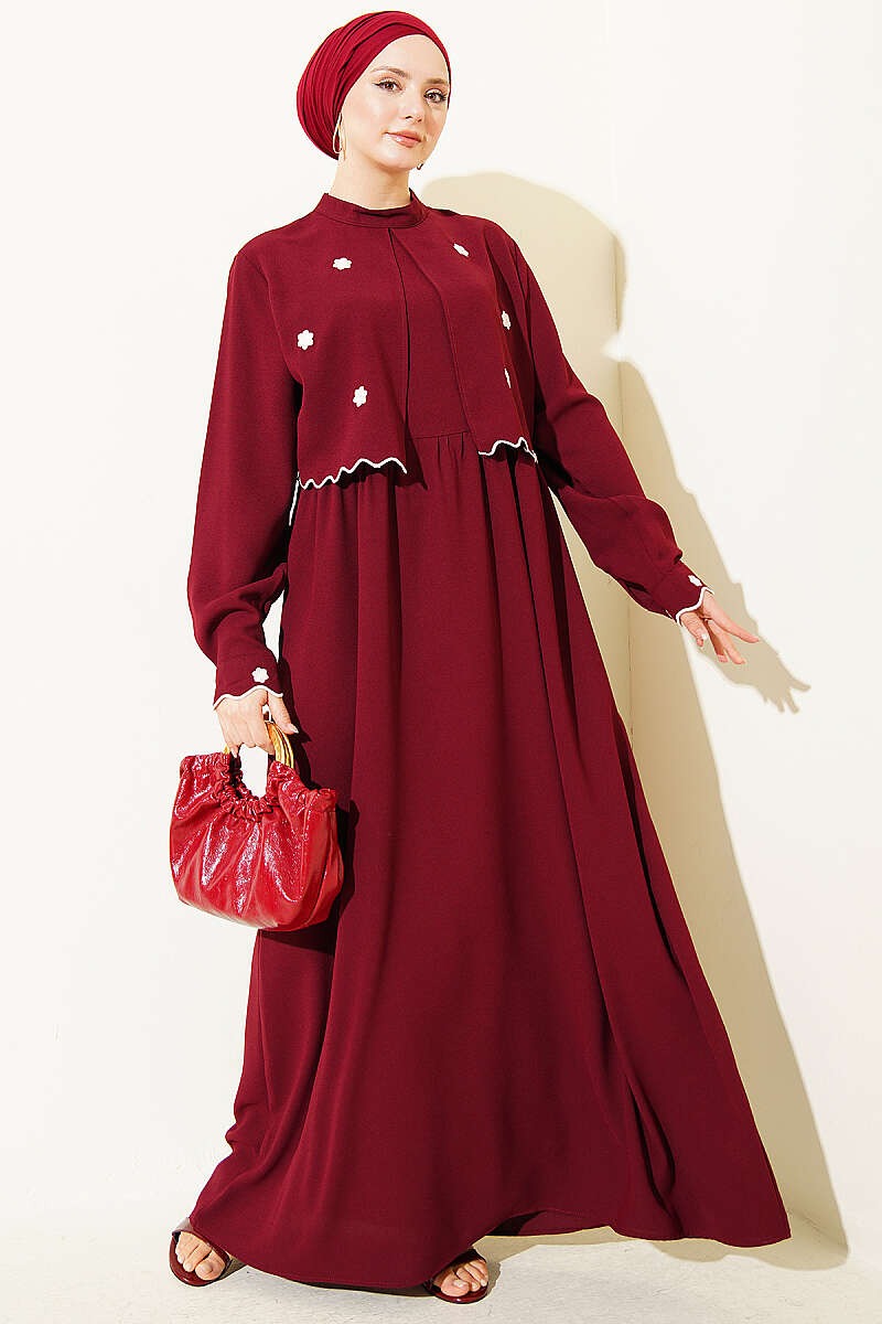 Elegant Bordo Dress with Floral Embroidered Bolero