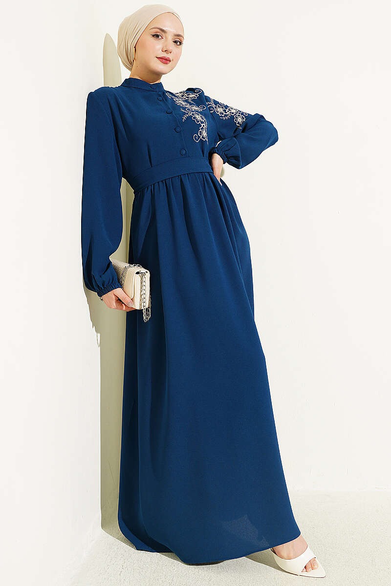 Elegant Petrol Dress with Shoulder Flower Embroidery