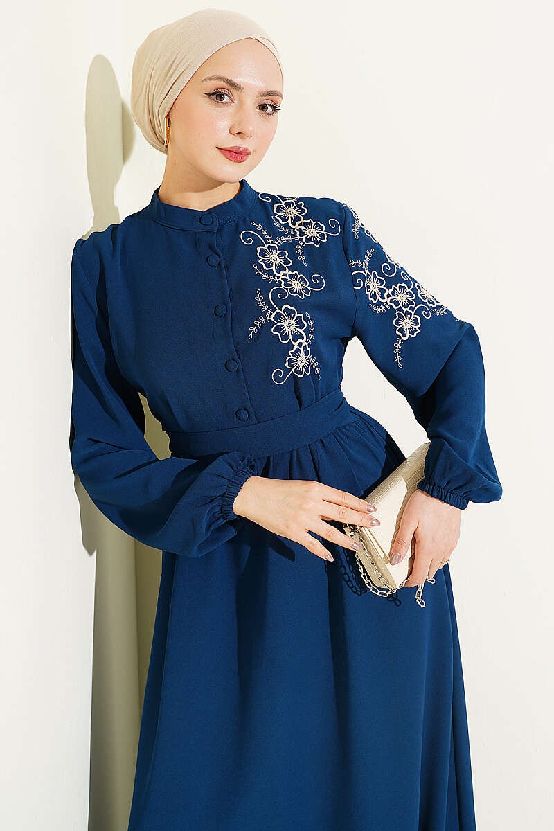Elegant Petrol Dress with Shoulder Flower Embroidery