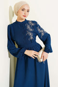 Elegant Petrol Dress with Shoulder Flower Embroidery