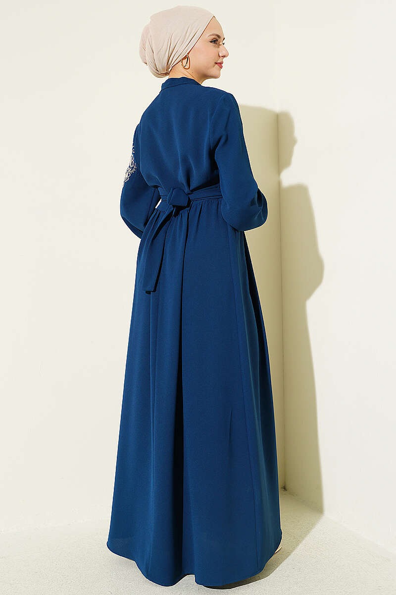 Elegant Petrol Dress with Shoulder Flower Embroidery