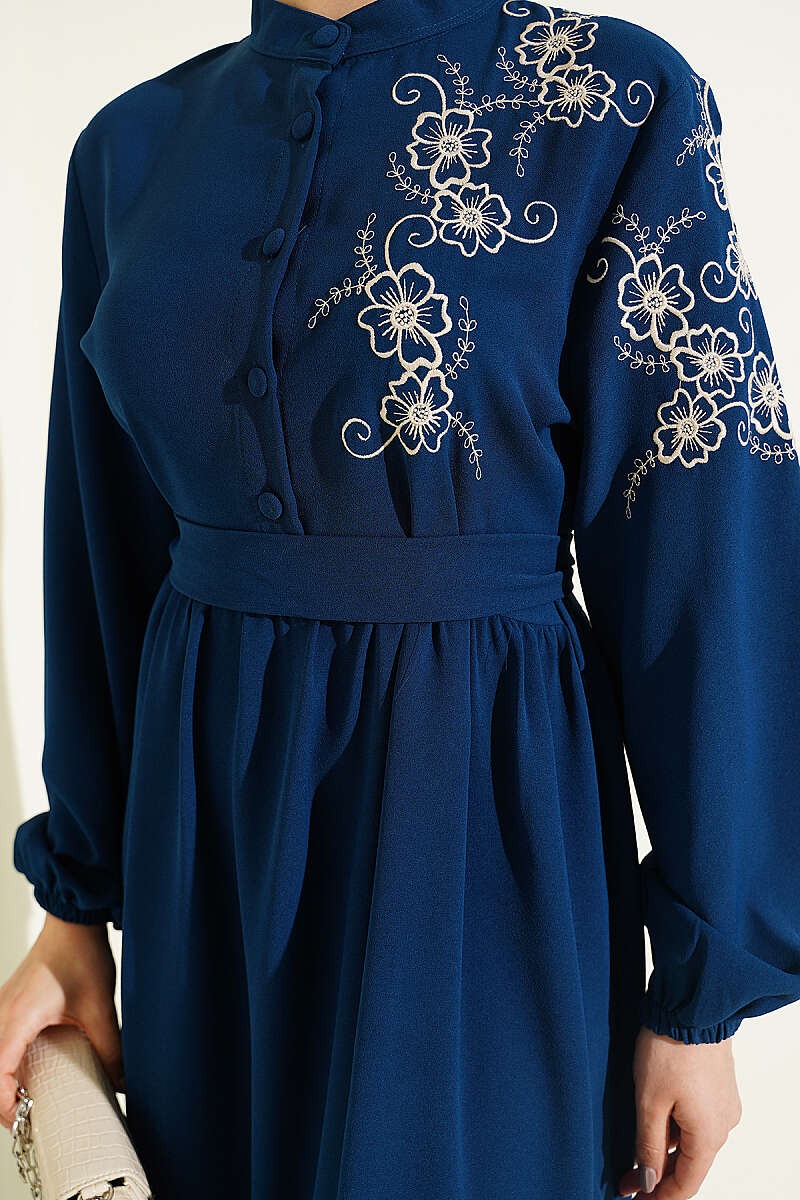 Elegant Petrol Dress with Shoulder Flower Embroidery