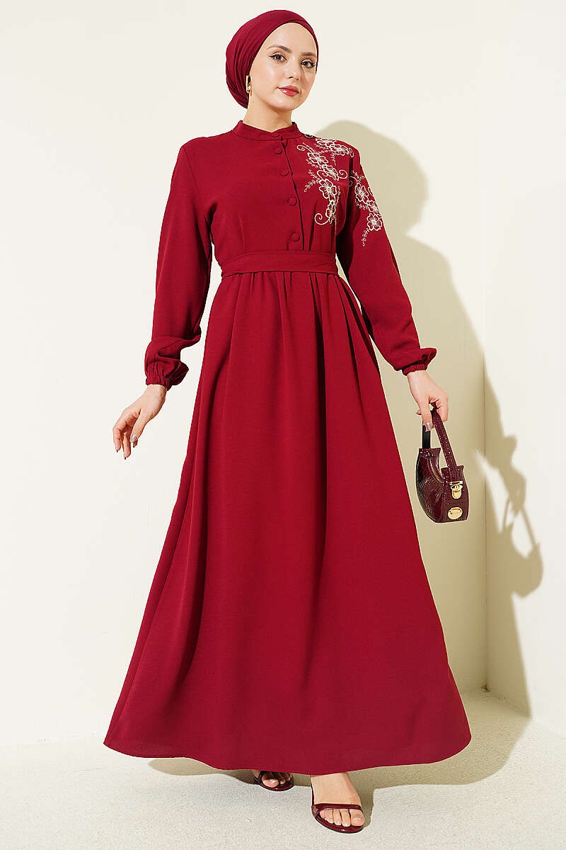 Elegant Bordo Dress with Shoulder Flower Embroidery