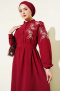 Elegant Bordo Dress with Shoulder Flower Embroidery