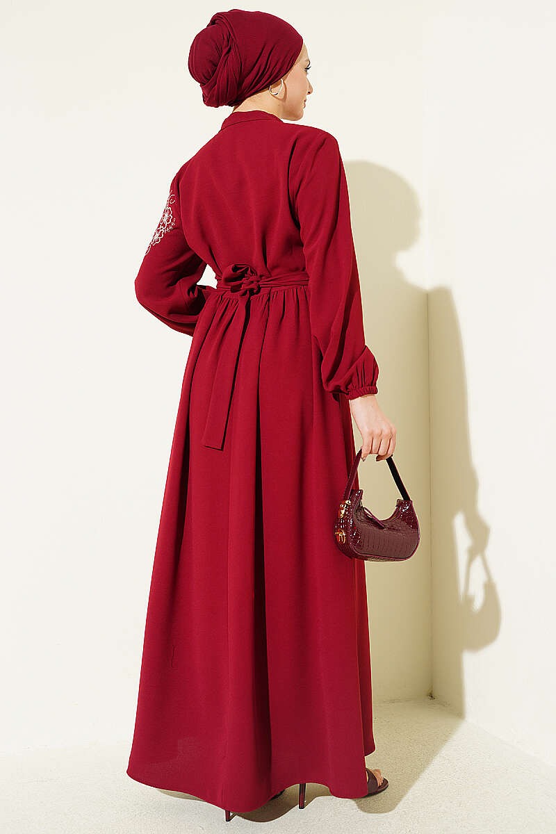 Elegant Bordo Dress with Shoulder Flower Embroidery