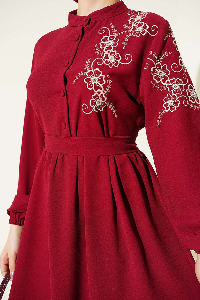 Elegant Bordo Dress with Shoulder Flower Embroidery