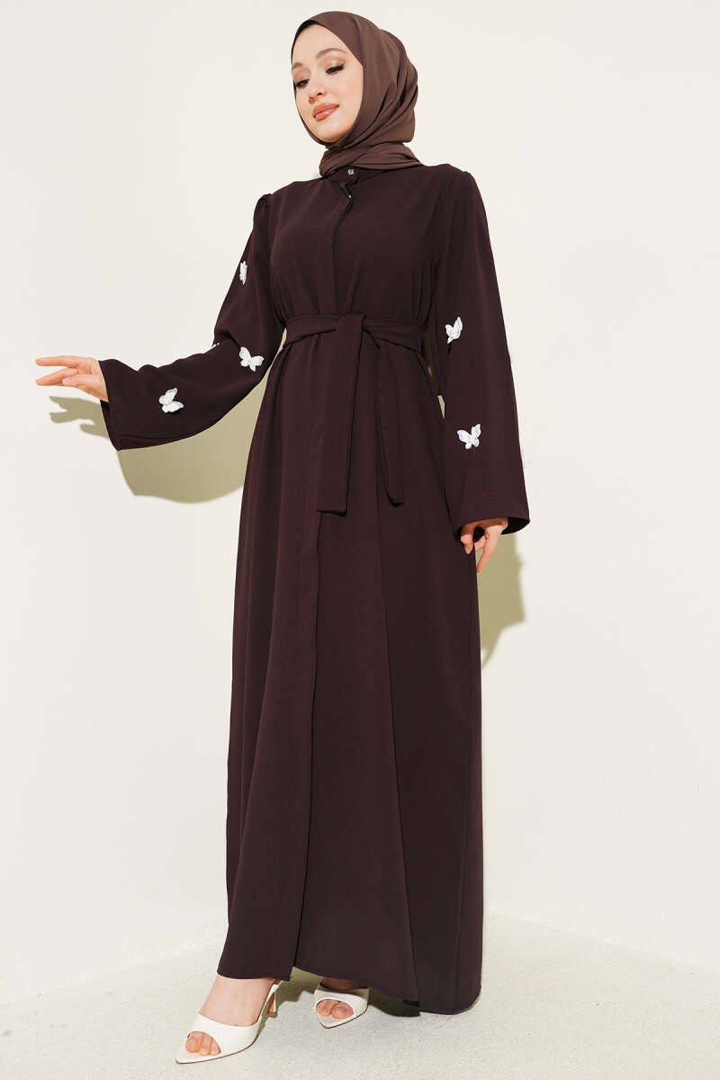 Coffee Brown Butterfly and Pearl Embellished Belted Abaya