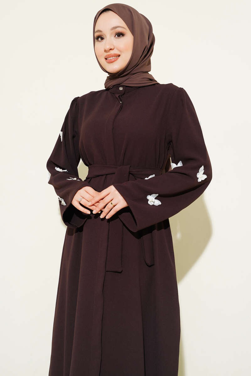 Coffee Brown Butterfly and Pearl Embellished Belted Abaya