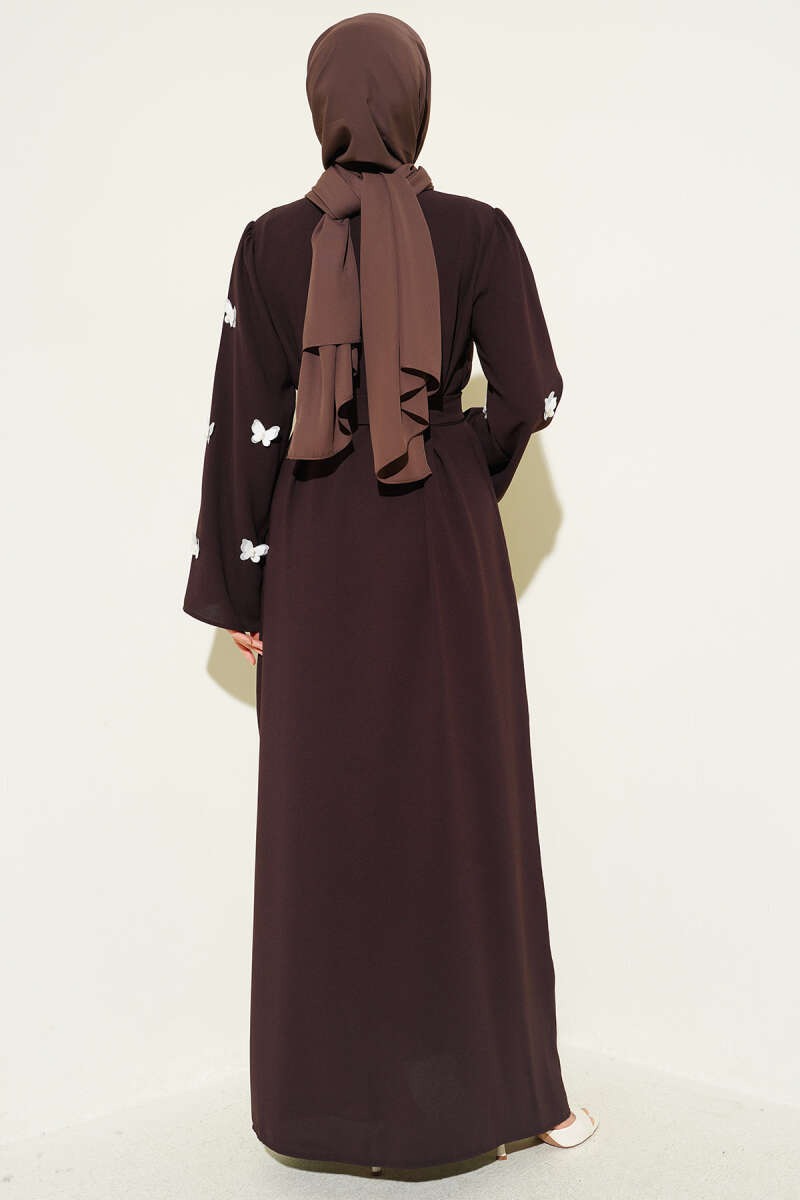 Coffee Brown Butterfly and Pearl Embellished Belted Abaya