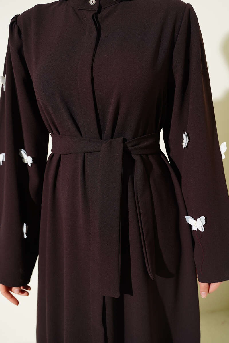 Coffee Brown Butterfly and Pearl Embellished Belted Abaya