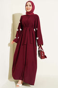Burgundy Butterfly and Pearl Embellished Belted Abaya