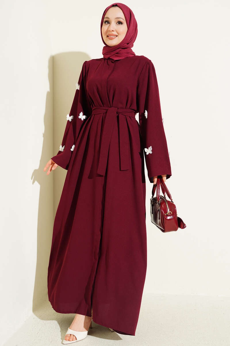Burgundy Butterfly and Pearl Embellished Belted Abaya