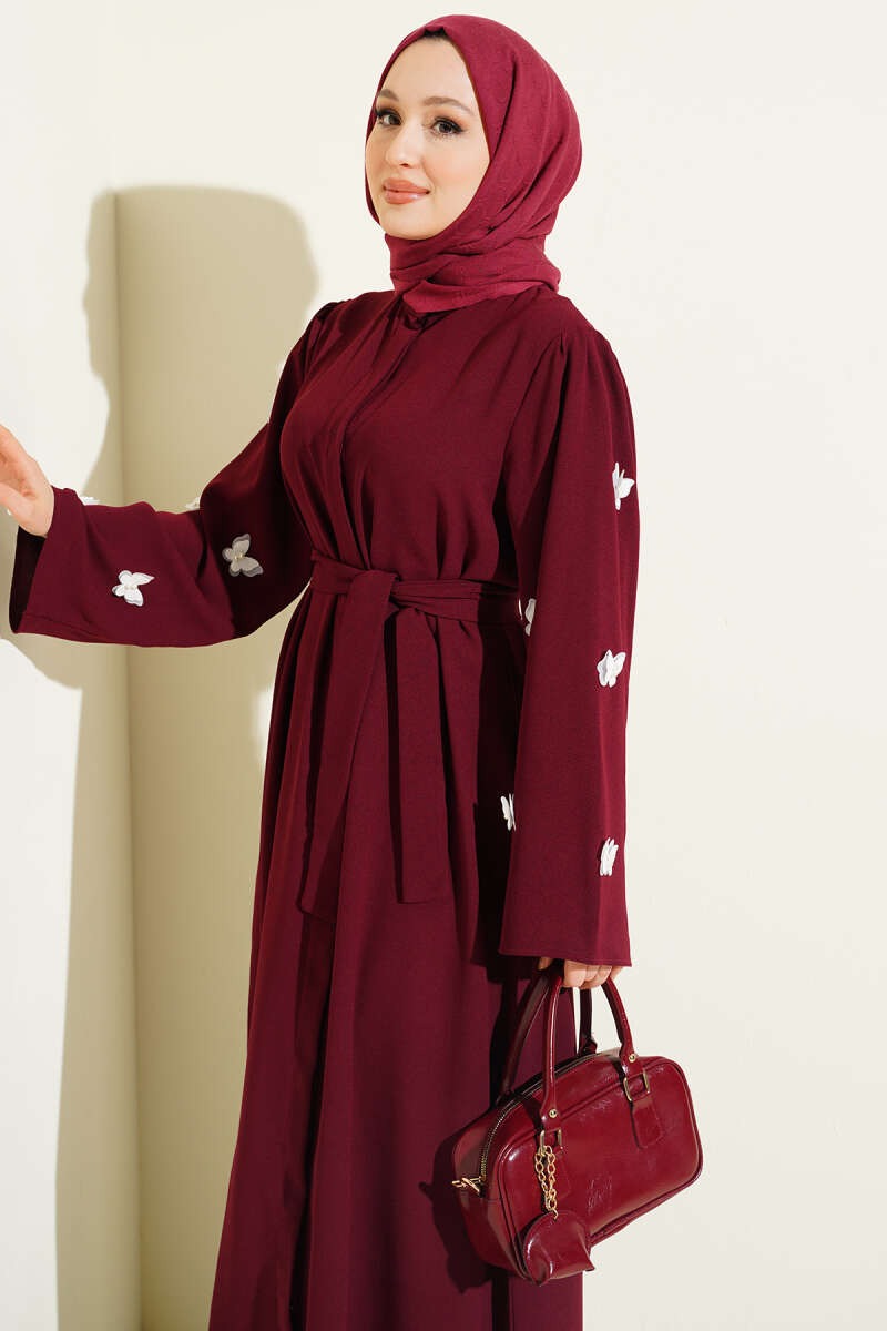 Burgundy Butterfly and Pearl Embellished Belted Abaya