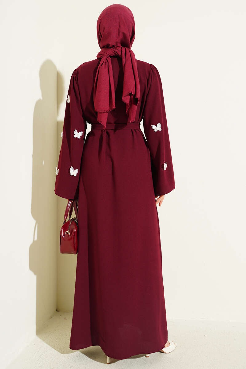 Burgundy Butterfly and Pearl Embellished Belted Abaya