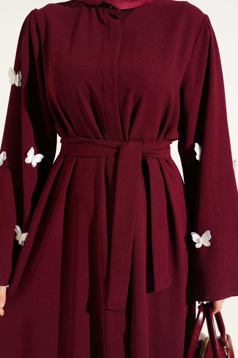 Burgundy Butterfly and Pearl Embellished Belted Abaya