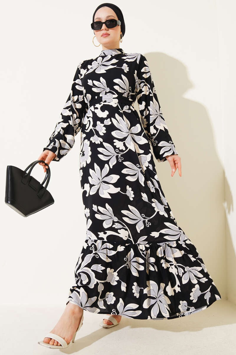 Black & White Floral Print Ruffled Dress