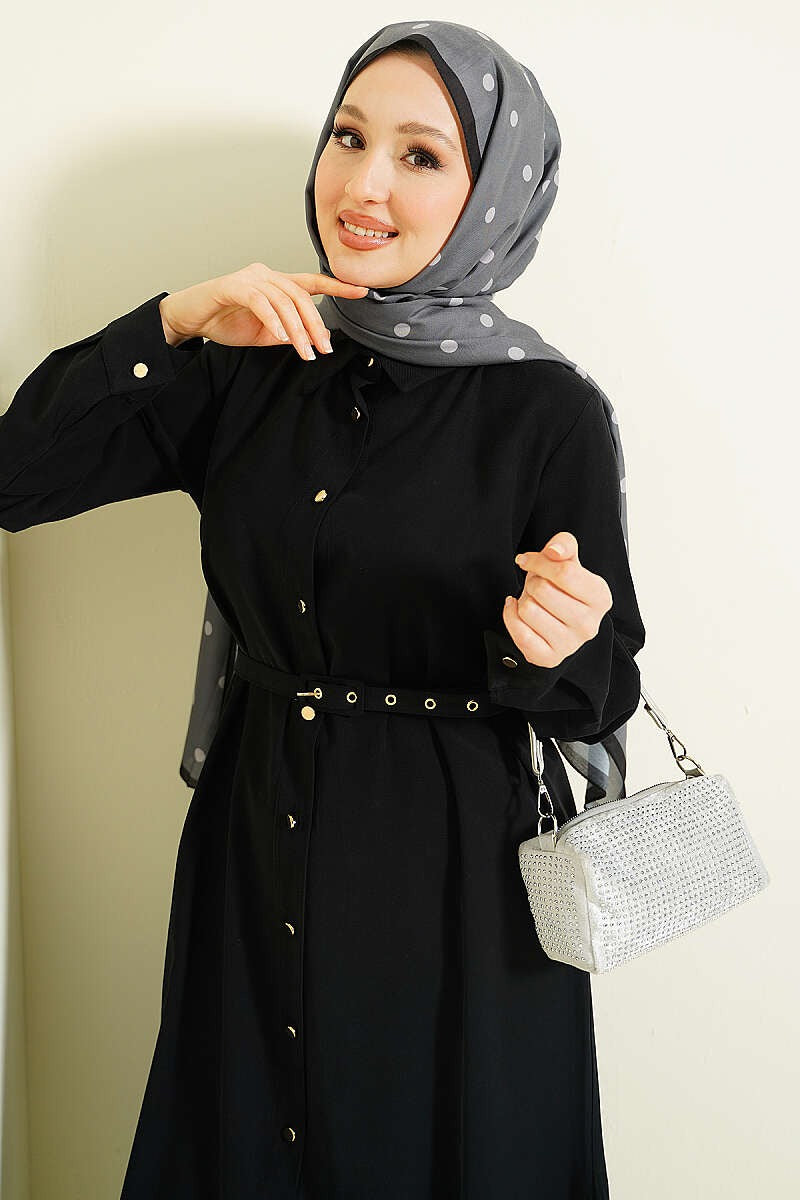 Black Premium Quality Buttoned Belted Long Tunic Two-Piece Set
