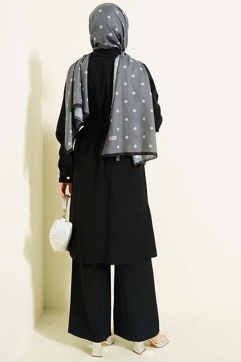 Black Premium Quality Buttoned Belted Long Tunic Two-Piece Set