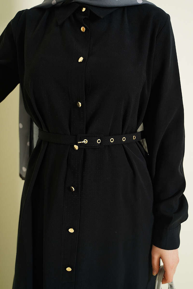 Black Premium Quality Buttoned Belted Long Tunic Two-Piece Set